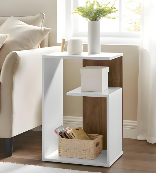 Table d’Appoint Forme G – Blanc & Effet Bois